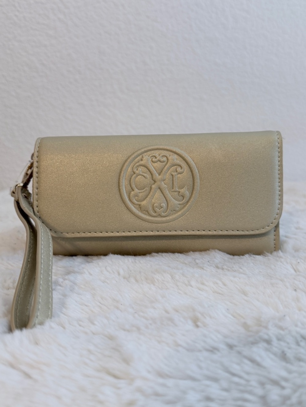 CXL by Christian Lacroix Gold Wristlet Clutch Wallet with Embossed Monogram NWT